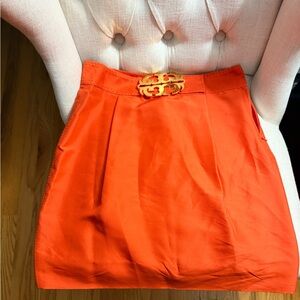 Tory Burch Orange Mini Skirt with Gold Logo Buckle